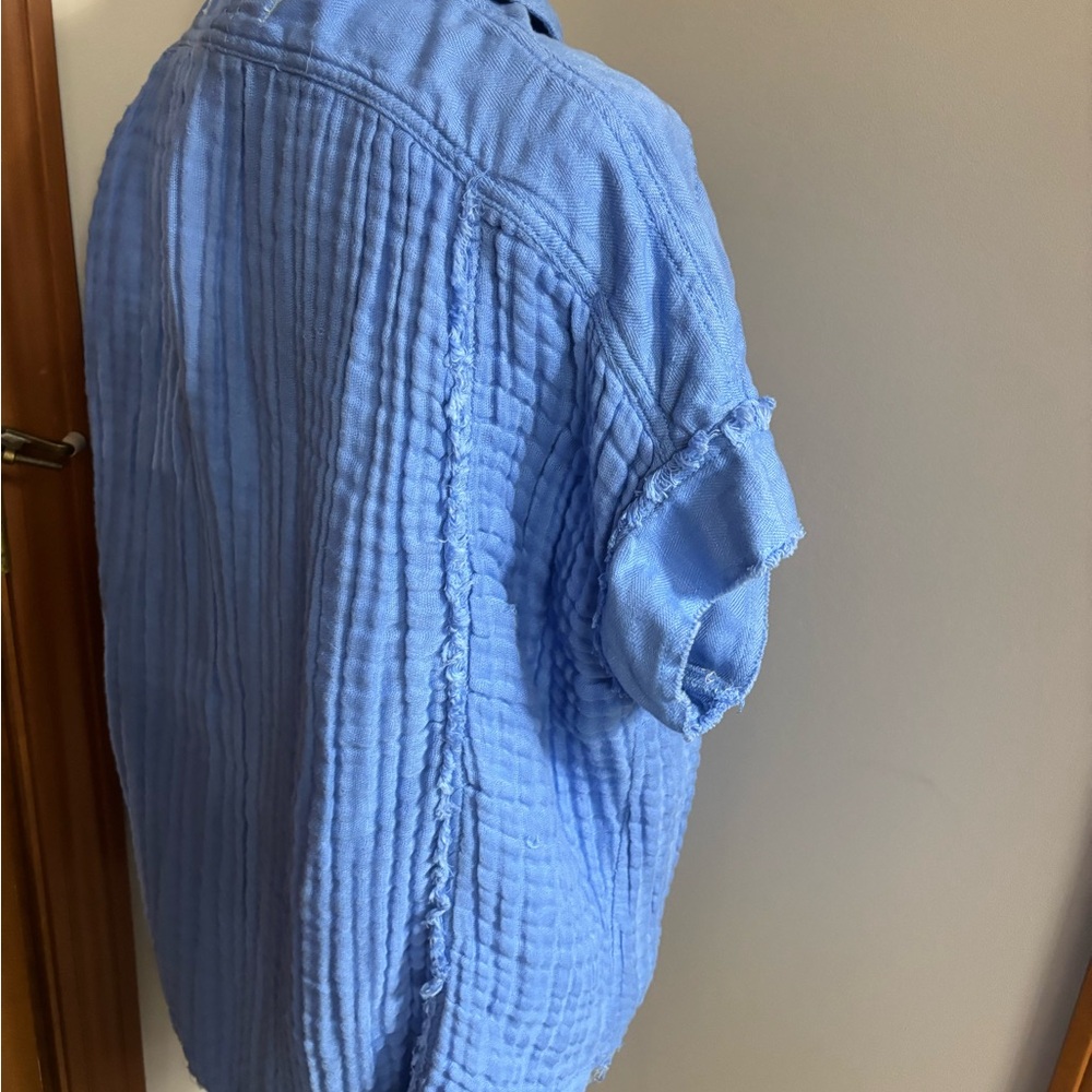 We The Free Button Up Shirt Blue Linen Blend Oversized Short Sleeve Collared - Picture 10 of 10